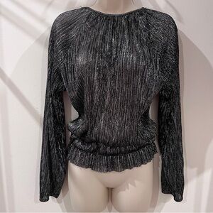 Zara Metallic Black Long-Sleeve Smocked Hem Cocktail Holiday Grunge Medium